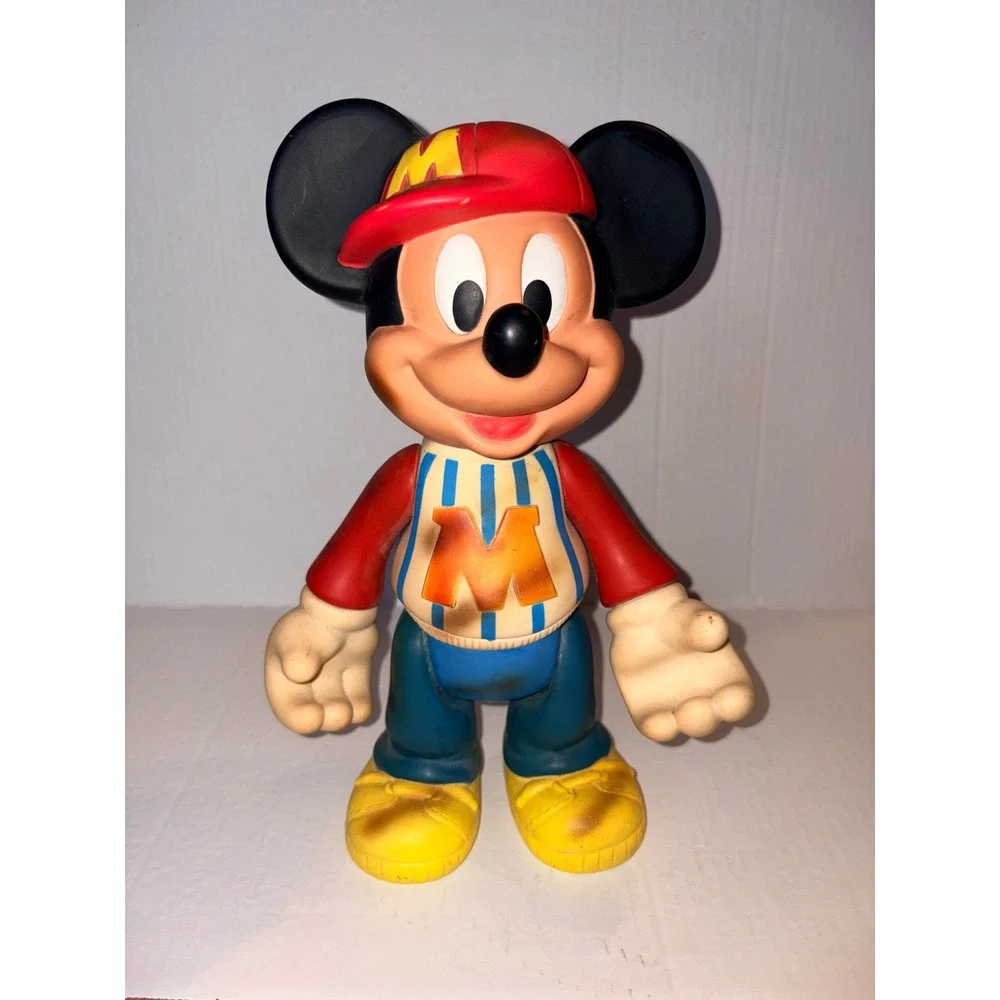 Vintage Disney Mickey Mouse 12 Inch Vinyl Figure Baseball‎ Outfit Red Cap M Logo